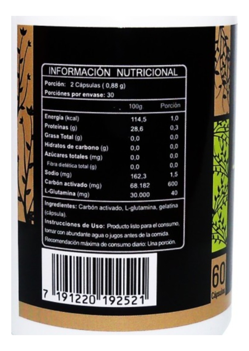Carbón Activado 100% Natural + L - Glutamina 500mg 60 Caps FNL - Imagen 2