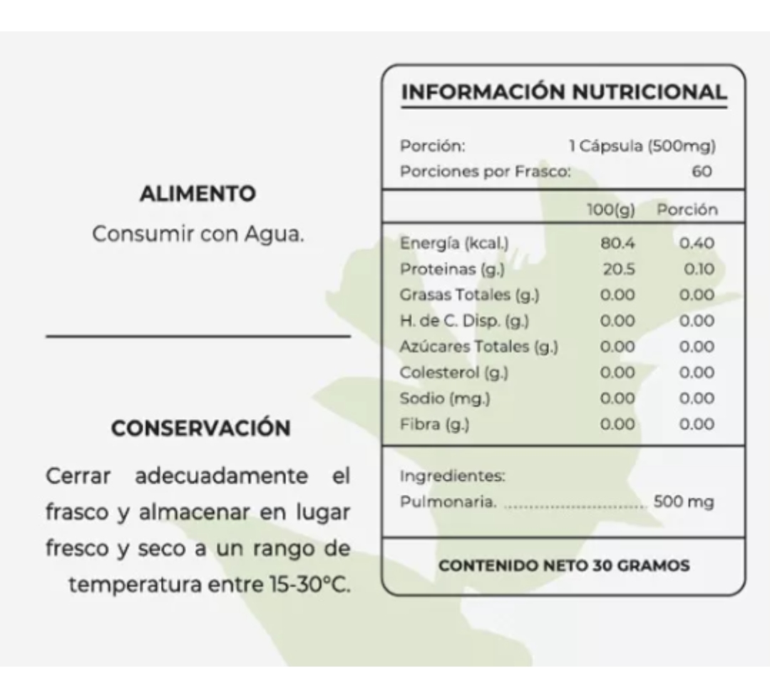 Pulmonaria 100% Pura 500mg 60caps Tos Bronquitis Garganta - Imagen 2