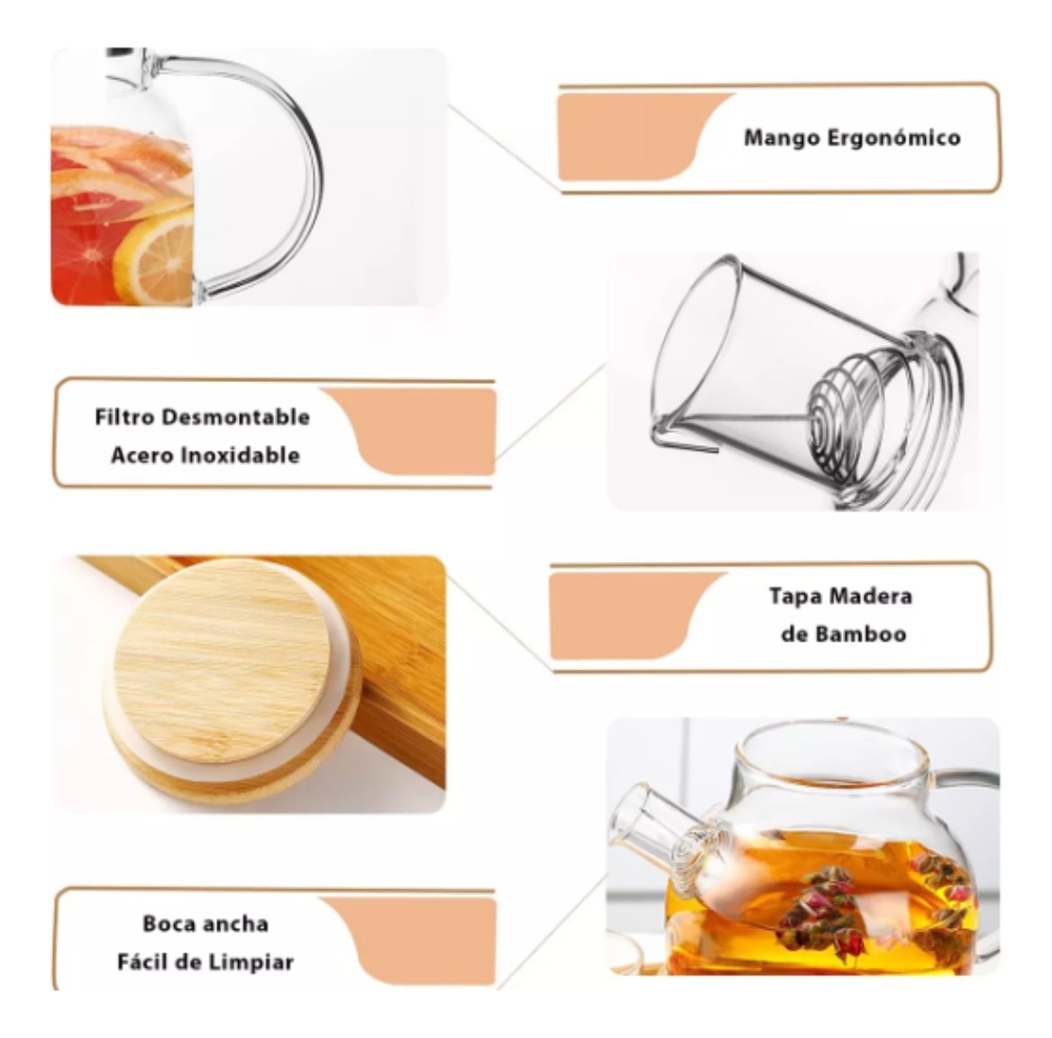 Tetera Infusor Te Hierbas Vidrio Resistente Calor/frío 1 Lt - Imagen 4
