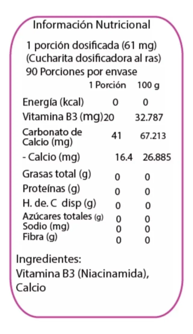 Vitamina B3 Niacinamida 90 Porciones Polvo Vegano Dulzura