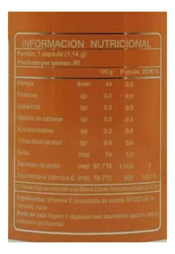 Vitamina C 1000mg/ Neutra - No Acida. 90cap. Veg (ascorbato De Sodio) - Imagen 2