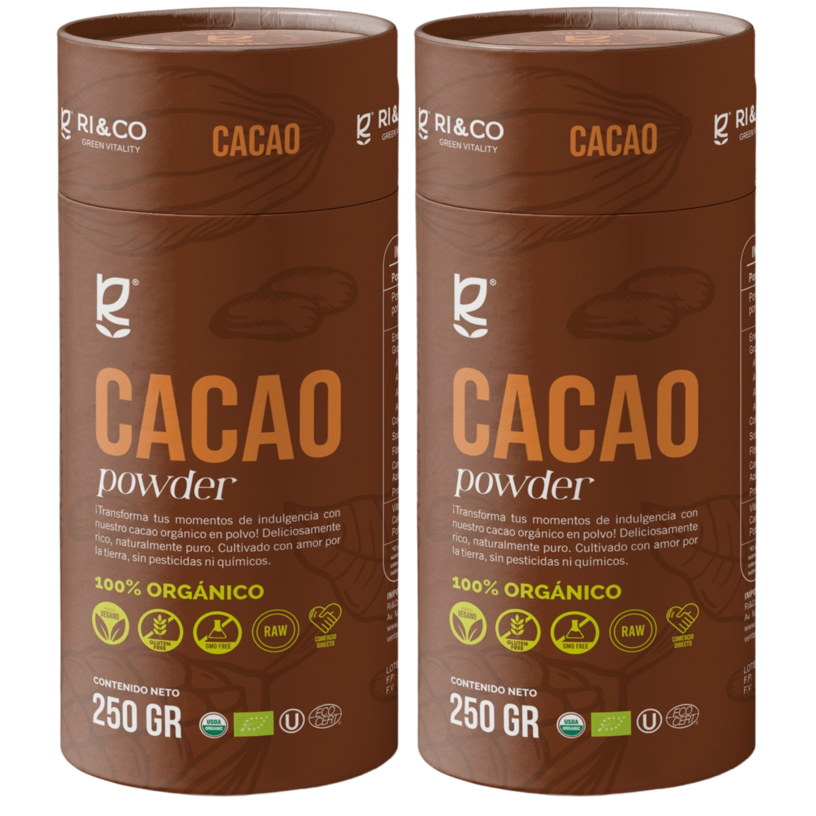 2 Cacao En Polvo 100% Organico Sin Gluten Vegano 250g Riandco