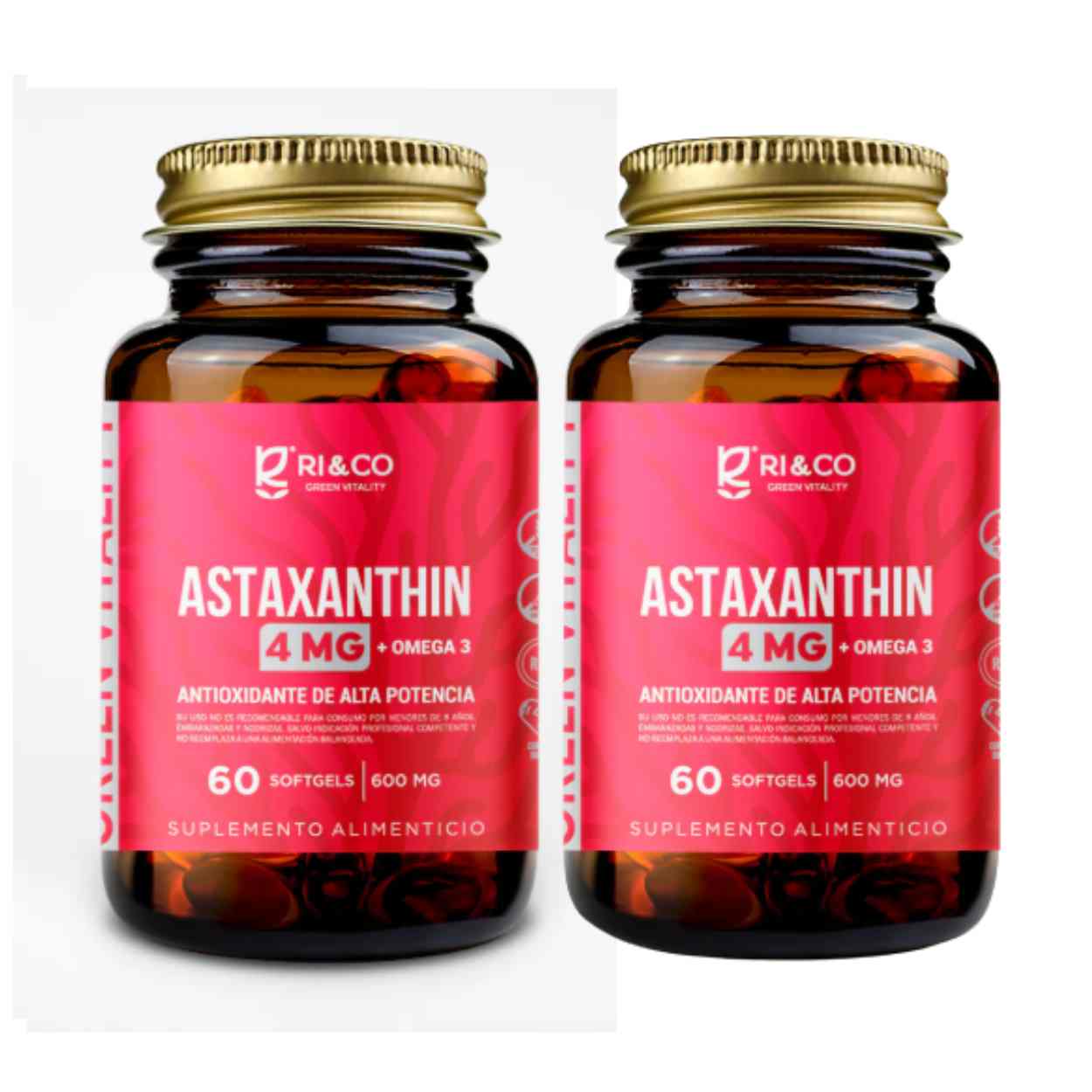 2 Astaxantina 4mg + Omega 3 600mg 60 Cápsulas Softgel (2 meses) - RI&CO