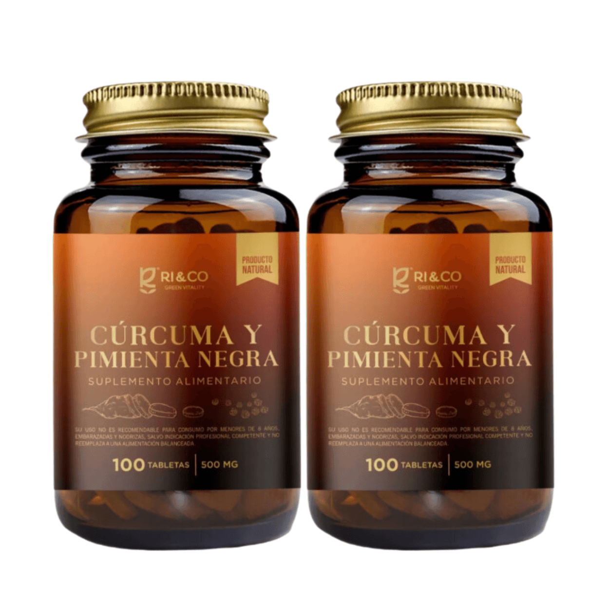 2 Curcuma Y Pimienta 100 Tabletas 500mg Riandco Vidrio